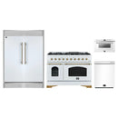 Forno 4-Piece Appliance Package - 48-Inch Antico Dual Fuel Range, 60-Inch Refrigerator, Dishwasher, & 24-Inch Microwave Drawer in White with Antique Brass Handle