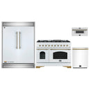 Forno 4-Piece Appliance Package - 48-Inch Dual Fuel Range, 60-Inch Refrigerator, Dishwasher, & 30-Inch Microwave Drawer in White with Antique Brass Handle