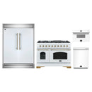 Forno 4-Piece Appliance Package - 48-Inch Dual Fuel Range, 60-Inch Refrigerator, Dishwasher, & 30-Inch Microwave Drawer in White with Antique Brass Handle