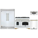 Forno 4-Piece Appliance Package - 48-Inch Antico Dual Fuel Range, 60-Inch Refrigerator, Dishwasher, & 30-Inch Microwave Drawer in White with Antique Brass Handle
