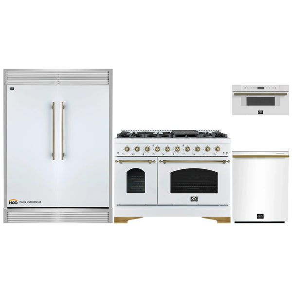 Forno 4-Piece Appliance Package - 48-Inch Antico Dual Fuel Range, 60-Inch Refrigerator, Dishwasher, & 30-Inch Microwave Drawer in White with Antique Brass Handle