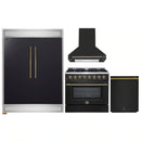 Forno 4-Piece Appliance Package - 36-Inch Dual Fuel Range, Wall Mount Range Hood, 60-Inch Built-In Convertible Refrigerator, and Dishwasher in Black with Antique Brass Handle