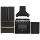 Forno 4-Piece Appliance Package - 36-Inch Dual Fuel Range, Wall Mount Range Hood, 36-Inch French Door Refrigerator, and Dishwasher in Black with Antique Brass Handle