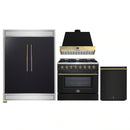 Forno 4-Piece Appliance Package - 36-Inch Dual Fuel Range, Wall Mount Range Hood, 60-Inch Convertible Refrigerator with Modern Trim, and Dishwasher in Black with Antique Brass Handle