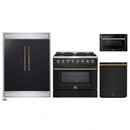 Forno 4-Piece Appliance Package - 36-Inch Dual Fuel Range, 60-Inch Convertible Refrigerator with Modern Trim, Dishwasher, and 24-Inch Microwave Drawer in Black with Antique Brass Handle