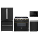Forno 4-Piece Appliance Package - 36-Inch Dual Fuel Range, 36-Inch Refrigerator, 24-Inch Microwave Drawer, & Dishwasher in Black with Antique Brass Handle