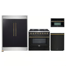 Forno 4-Piece Appliance Package - 36-Inch Dual Fuel Range, 60-Inch Convertible Refrigerator with Modern Trim, Dishwasher, and 30-Inch Microwave Oven in Black with Antique Brass Handle