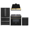 Forno Galiano 4-Piece Appliance Package - 36-Inch Dual Fuel Range, 36-Inch Hood, 36-Inch Refrigerator, & 24-Inch Dishwasher in Black with Antique Brass Trim