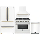 Forno 4-Piece Appliance Package - 36-Inch Dual Fuel Range, Wall Mount Range Hood, 36-Inch French Door Refrigerator, and Dishwasher in White with Antique Brass Handle