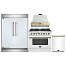 Forno 4-Piece Appliance Package - 36-Inch Dual Fuel Range, Wall Mount Range Hood, 60-Inch Refrigerator, Dishwasher in White with Antique Brass Handle