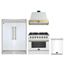 Forno 4-Piece Appliance Package - 36-Inch Galiano Dual Fuel Range, Wall Mount Range Hood, 60-Inch Refrigerator, Dishwasher in White with Antique Brass Handle