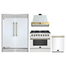 Forno 4-Piece Appliance Package - 36-Inch Galiano Dual Fuel Range, Wall Mount Range Hood, 60-Inch Refrigerator, Dishwasher in White with Antique Brass Handle