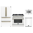 Forno 4-Piece Appliance Package - 36-Inch Dual Fuel Range, 36-Inch Refrigerator, 24-Inch Microwave Drawer, & Dishwasher in White with Antique Brass Handle