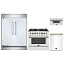 Forno 4-Piece Appliance Package - 36-Inch Dual Fuel Range, 60-Inch Refrigerator, Dishwasher, & 30-Inch Microwave Drawer in White with Antique Brass Handle