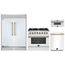 Forno 4-Piece Appliance Package - 36-Inch Galiano Dual Fuel Range, 60-Inch Refrigerator, Dishwasher, & 30-Inch Microwave Drawer in White with Antique Brass Handle