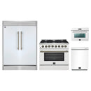 Forno 4-Piece Appliance Package - 36-Inch Galiano Dual Fuel Range, 60-Inch Refrigerator, Dishwasher, & 24-Inch Microwave Oven in White with Antique Brass Handle
