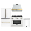 Forno Galiano 4-Piece Appliance Package - 36-Inch Dual Fuel Range, 36-Inch Hood, 36-Inch Refrigerator, & 24-Inch Dishwasher in White with Antique Brass Trim