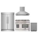 Forno 4-Piece Appliance Package - 48-Inch Dual Fuel Range, Wall Mount Range Hood, 60-Inch Built-In Convertible Refrigerator, and Dishwasher in Stainless Steel