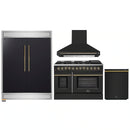 Forno 4-Piece Appliance Package - 48-Inch Dual Fuel Range, Wall Mount Range Hood, 60-Inch Built-In Convertible Refrigerator, and Dishwasher in Black with Antique Brass Handle