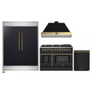 Forno 4-Piece Appliance Package - 48-Inch Dual Fuel Range, 60-Inch Convertible Refrigerator with Modern Trim, Dishwasher, in Black with Antique Brass Handle