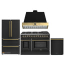 Forno Galiano 4-Piece Appliance Package - 48-Inch Dual Fuel Range, 48-Inch Hood, 36-Inch Refrigerator, & 24-Inch Dishwasher in Black with Antique Brass Trim