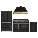 Forno Galiano 4-Piece Appliance Package - 48-Inch Dual Fuel Range, 48-Inch Hood, 36-Inch Refrigerator, & 24-Inch Dishwasher in Black with Antique Brass Trim