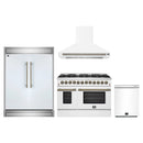 Forno 4-Piece Appliance Package - 48-Inch Dual Fuel Range, Wall Mount Range Hood, 60-Inch Built-In Convertible Refrigerator, and Dishwasher in White with Antique Brass Handle