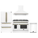 Forno 4-Piece Appliance Package - 48-Inch Dual Fuel Range, Wall Mount Range Hood, 36-Inch French Door Refrigerator, and Dishwasher in White with Antique Brass Handle
