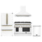 Forno 4-Piece Appliance Package - 48-Inch Galiano Dual Fuel Range, Wall Mount Range Hood, 36-Inch French Door Refrigerator, and Dishwasher in White with Antique Brass Trim