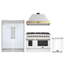 Forno 4-Piece Appliance Package - 48-Inch Galiano Dual Fuel Range, Wall Mount Range Hood, 60-Inch Refrigerator, Dishwasher in White with Antique Brass Handle