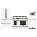 Forno 4-Piece Appliance Package - 48-Inch Dual Fuel Range, 36-Inch Refrigerator, 24-Inch Microwave Drawer, & Dishwasher in White with Antique Brass Handle