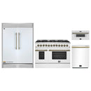 Forno 4-Piece Appliance Package - 48-Inch Galiano Dual Fuel Range, 60-Inch Refrigerator, Dishwasher, & 30-Inch Microwave Drawer in White with Antique Brass Handle