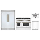 Forno 4-Piece Appliance Package - 48-Inch Galiano Dual Fuel Range, 60-Inch Refrigerator, Dishwasher, & 30-Inch Microwave Drawer in White with Antique Brass Handle