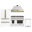 Forno Galiano 4-Piece Appliance Package - 48-Inch Dual Fuel Range, 48-Inch Hood, 36-Inch Refrigerator, & 24-Inch Dishwasher in White with Antique Brass Trim