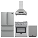 Forno 4-Piece Appliance Package - 30-Inch Dual Fuel Range with Air Fryer, Refrigerator, Wall Mount Hood, & 3-Rack Dishwasher in Stainless Steel