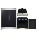 Forno 4-Piece Appliance Package - 36-Inch Gas Range, Wall Mount Range Hood, 60-Inch Convertible Refrigerator with Modern Trim, and Dishwasher in Black with Antique Brass Handle
