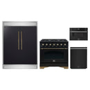 Forno 4-Piece Appliance Package - 36-Inch Gas Range, 60-Inch Convertible Refrigerator with Modern Trim, Dishwasher, and 30-Inch Microwave Drawer in Black with Antique Brass Handle