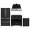 Forno Antico 4-Piece Appliance Package - 36-Inch Gas Range, 36-Inch Hood, 36-Inch Refrigerator, & 24-Inch Dishwasher in Black with Antique Brass Trim