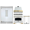 Forno 4-Piece Appliance Package - 36-Inch Antico Gas Range, Wall Mount Range Hood, 60-Inch Refrigerator, Dishwasher in White with Antique Brass Handle