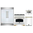 Forno 4-Piece Appliance Package - 36-Inch Gas Range, 60-Inch Refrigerator, Dishwasher, & 24-Inch Microwave Drawer in White with Antique Brass Handle