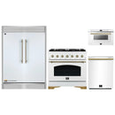 Forno 4-Piece Appliance Package - 36-Inch Antico Gas Range, 60-Inch Refrigerator, Dishwasher, & 24-Inch Microwave Drawer in White with Antique Brass Handle