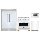 Forno 4-Piece Appliance Package - 36-Inch Antico Gas Range, 60-Inch Refrigerator, Dishwasher, & 24-Inch Microwave Drawer in White with Antique Brass Handle