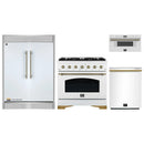 Forno 4-Piece Appliance Package - 36-Inch Antico Gas Range, 60-Inch Refrigerator, Dishwasher, & 30-Inch Microwave Drawer in White with Antique Brass Handle