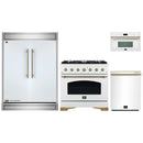 Forno 4-Piece Appliance Package - 36-Inch Gas Range, 60-Inch Refrigerator, Dishwasher, & 30-Inch Microwave Oven in White with Antique Brass Handle