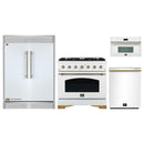 Forno 4-Piece Appliance Package - 36-Inch Antico Gas Range, 60-Inch Refrigerator, Dishwasher, & 30-Inch Microwave Oven in White with Antique Brass Handle