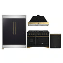 Forno 4-Piece Appliance Package - 48-Inch Gas Range, 60-Inch Convertible Refrigerator with Modern Trim, Dishwasher, in Black with Antique Brass Handle