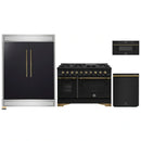 Forno 4-Piece Appliance Package - 48-Inch Gas Range, 60-Inch Convertible Refrigerator with Modern Trim, Dishwasher, and 30-Inch Microwave Drawer in Black with Antique Brass Handle