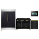 Forno 4-Piece Appliance Package - 48-Inch Gas Range, 60-Inch Convertible Refrigerator with Modern Trim, Dishwasher, and 24-Inch Microwave Oven in Black with Antique Brass Handle