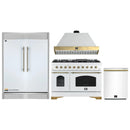 Forno 4-Piece Appliance Package - 48-Inch Antico Gas Range, Wall Mount Range Hood, 60-Inch Refrigerator, Dishwasher in White with Antique Brass Handle