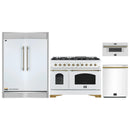 Forno 4-Piece Appliance Package - 48-Inch Antico Gas Range, 60-Inch Refrigerator, Dishwasher, & 30-Inch Microwave Drawer in White with Antique Brass Handle